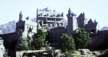 Fototapeta premium Stone castle on rocky hill under misty mountain sky, ancient stronghold standing sentinel over valley, crumbling battlements and tall turrets framed by pine