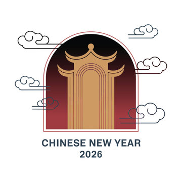 Temple gate arch with clouds, lunar new year 2026 announcement poster, minimalist vector layout for cultural schedule, lantern ceremony flyer
