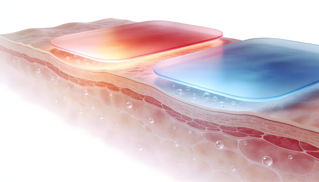Red and blue hydrogel therapy pads on skin cross section showing cooling and heating layers for soothing recovery and topical hydration cosmetic dermatology 3d render