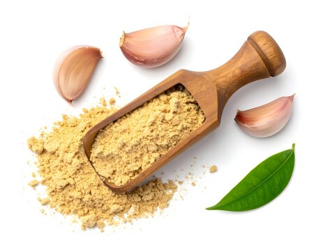 Realistic wooden scoop of ginger powder with sliced garlic on a white background
