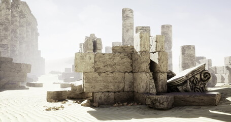 Naklejka premium sunlit desert ruins of ancient temple crumbling sandstone blocks and toppled corinthian column halfburied in dunes, hazy pale sky, distant mesa silhouettes,