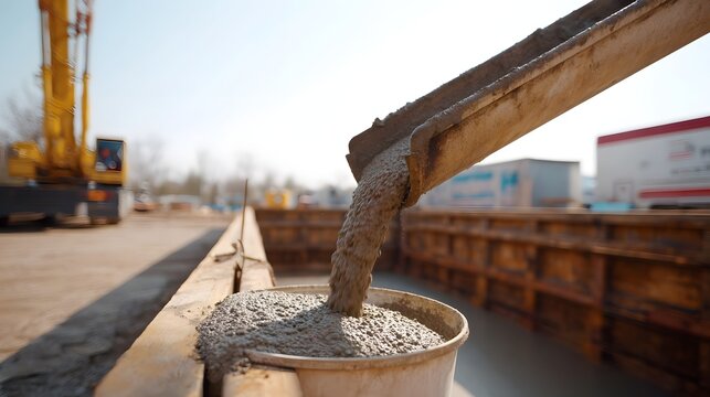Wet concrete is poured from a chute into a bucket at a construction site with heavy hinery visible in the background