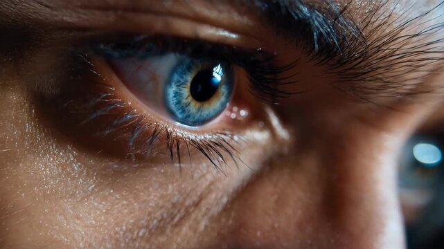Close-up of camera lens aperture shift concept. The image captures a dynamic perspective with an eye in focus, showcasing intricate details.