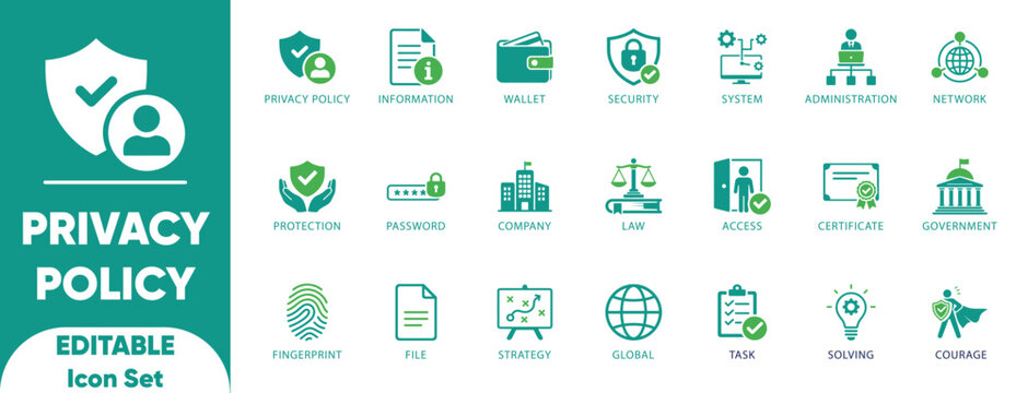 Privacy policy solid icon set.security, compliance,featuring data protection,cyber law, user rights, GDPR,  confidentiality, and secure authentication. and legal documents
