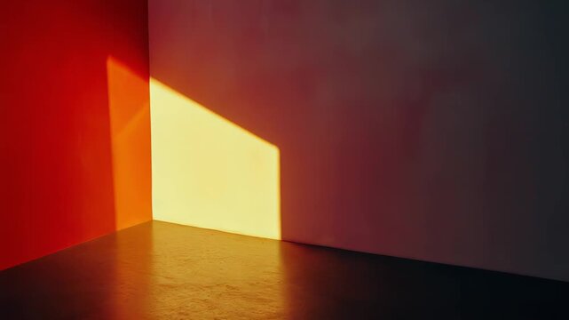 Empty room corner illuminated by sunlight casting strong geometric window shadows on vibrant red and pink walls, creating a contrasting and abstract background