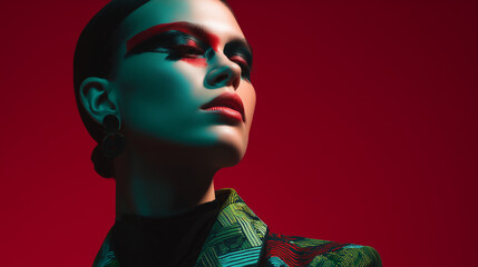 Futuristic woman portrait bold makeup red light studio fashion photo futuristic woman portrait bold makeup red light studio