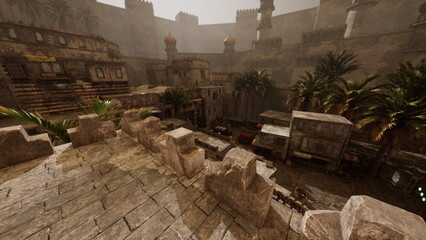 sunlit stone fortress courtyard with palms, worn battlements and weathered masonry, distant towers shrouded in warm haze, quiet atmosphere evoking heritage