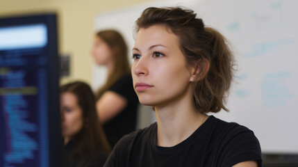 Woman programmer female developer software engineer coding computer screen office startup focused project manager team female