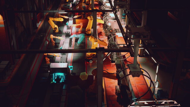 Overhead neonlit arcade floor with colorful gaming machines and booths, retro consoles and glowing joysticks, carpeted aisles and moody nightlife atmosphere
