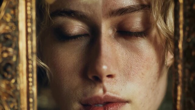 Close-up of camera lens aperture shift concept. The image features a split view of a person's face highlighting contrasting skin textures.