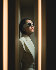 Futuristic portrait korean woman fashion model white suit modern sunglasses neon light narrow corridor moody cinematic style