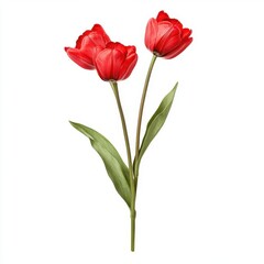 Obraz premium Red tulips with leaves, isolate on white background.