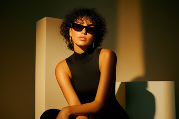 Fashion sunglasses woman portrait modern stylish curly hair woman fashion portrait wearing sunglasses in warm studio light