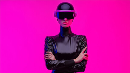 Futuristic woman cyber helmet visor, neon pink background, latex bodysuit, folded arm confident pose