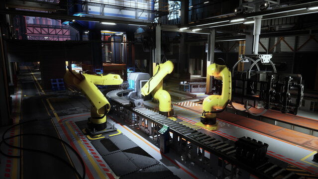 closeup robotic arms over conveyor assembly, yellow manipulators handling components, vision sensors active, tool fixtures and wiring visible, high precision