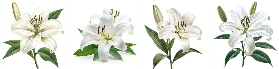 White lily with leaves, isolate on white background. Mix Collection.