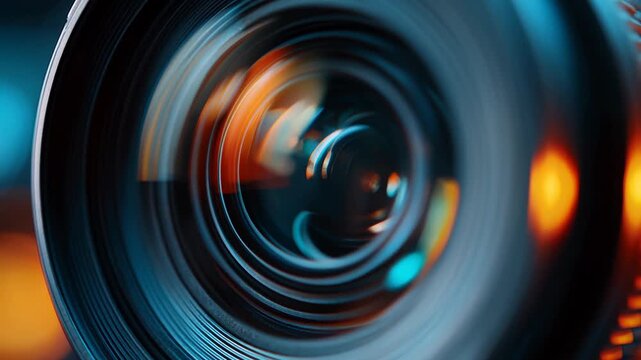 Close-up of camera lens aperture shift concept. Focus on the intricate details and reflections within the lens.