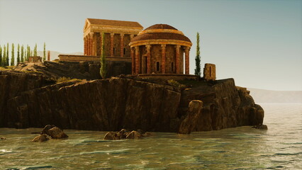 Naklejka premium Golden temple facade framed by cypress with weathered columns, textured stonework, warm glow, ornamental details and coastal waves below, intimate heritage mood