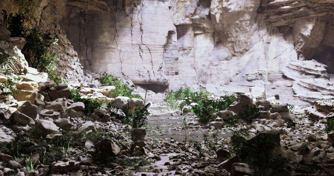 sunlit limestone cavern with lush plants, dramatic high walls, scattered boulders, soft shafts of light, damp rocky floor, microecosystem offering serene