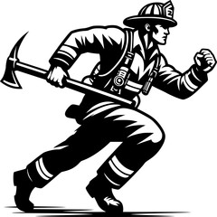 Bold outline firefighter running with fire axe vector silhouette, high contrast, minimal, logo ready, isolated