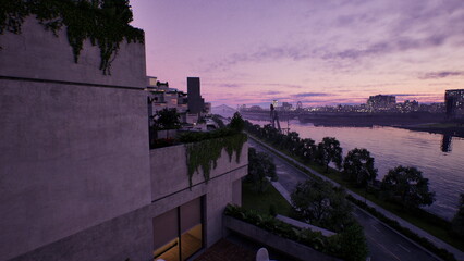 Obraz premium Twilight river terrace under purple sky, stepped modular facade covered in vines, quiet waterfront promenade with distant skyline silhouettes, moody ambient