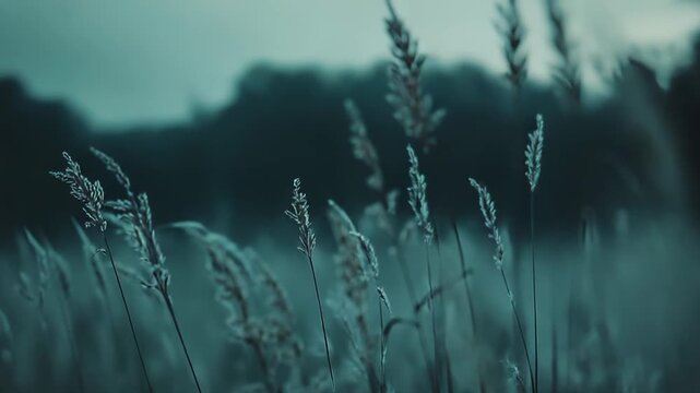 Wild grass and reeds revealing dry spikes glowing with soft light against a blurred, moody teal backdrop, creating a peaceful and serene natural environment