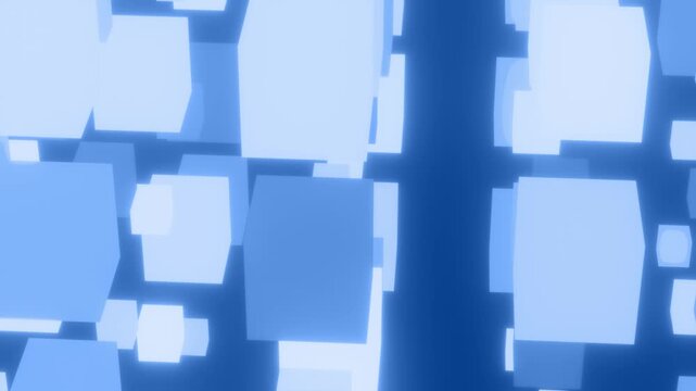 入り乱れる拡大縮小する沢山の青色のボックスの動画素材。ゲームや映像作品の演出に適した2DFXの4Kアニメーション背景