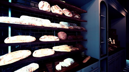 Obraz premium Rustic bakery shelves filled with loaves, moody evening light highlighting crusty sourdough and baguettes on wooden racks, cozy indoor atmosphere, warm golden