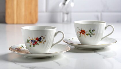 Obraz premium Two white teacups with floral designs on matching saucers