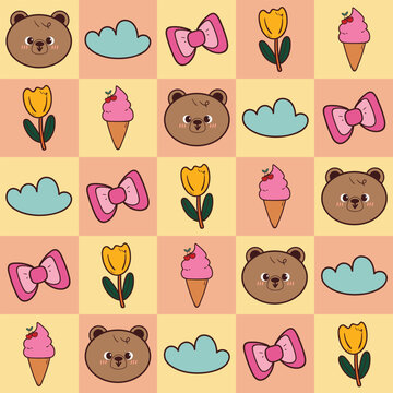 cute element drawing in patchwork style wallpaper