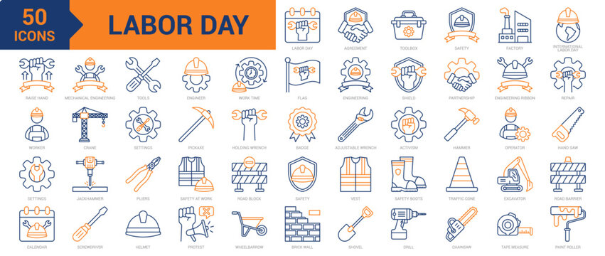 Labor Day colored line icon collection set. Containing activism, international labor day, flag, engineer, operator, agreement, toolbox, safety, factory, worker, industrial, road block, protest icons