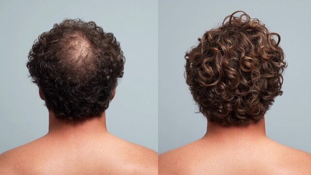 Bald man's change through hair transplant concept. Hair restoration before after crown regrowth natural density result comparison.