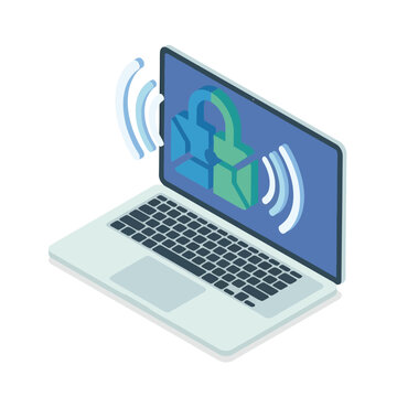 Remote work security workshop, laptop with user profile and broadcast waves, secure login session graphic, isometric cybersecurity vector illustration
