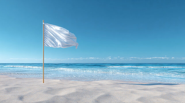 A white flag waving gently on a sandy beach, with ocean in the background.
