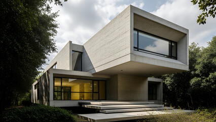 Modern concrete house with geometric surrounded by trees modern architecture contemporary home