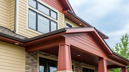 Naklejka premium Yellow Siding Red Trim House Exterior With Stone Accents architecture home building