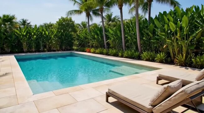 Serene outdoor swimming pool with comfortable sun loungers surrounded by lush tropical greenery, offering a peaceful escape for relaxation and leisure on a bright, sunny day