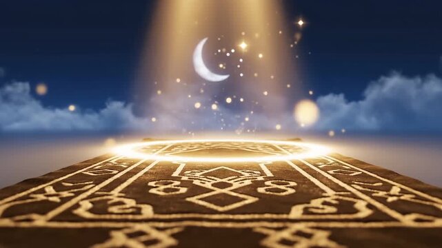 Prayer rug glowing with intricate golden patterns as divine light shines from above, creating a peaceful religious atmosphere