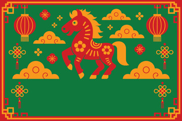 Obraz premium Chinese new year horse background vector with lanterns and clouds for festival party banner, 2026 zodiac celebration design template