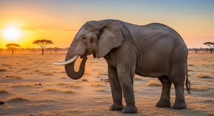 Obraz premium A majestic elephant stands alone in the savannah at sunset with acacia trees in the distance