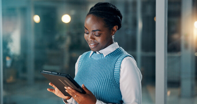 Night, smile or black woman in office with tablet, draft edit or source feedback for article. Bokeh, reading or journalist in agency with tech, fact check or industry research in late shift.