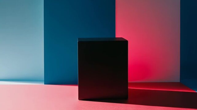 Black cube pedestal on a red floor against blue and pink walls, minimalist geometric studio backdrop for product display, advertising and contemporary design concepts