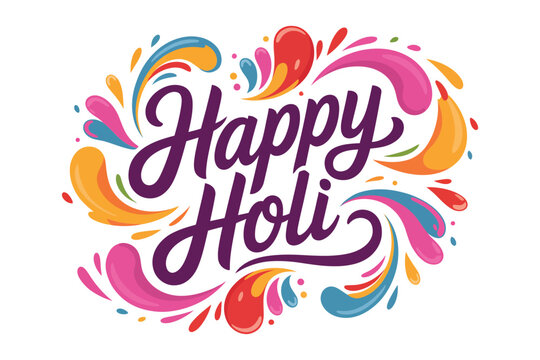 Happy Holi splash emblem, vibrant festival logo for parade banner, gulal station markers, water zone session, selfie backdrop area