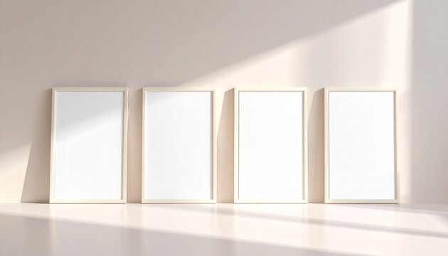 Four blank frames in a row on a white wall mockup with natural light casting shadows on the floor