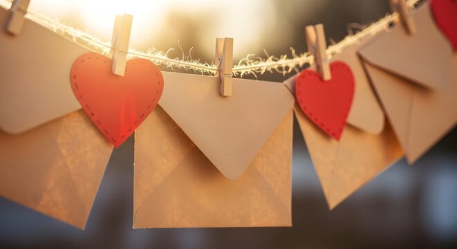 Romantic love letters strung on a line with red hearts, illuminated by warm sunlight for a heartwarming affection concept