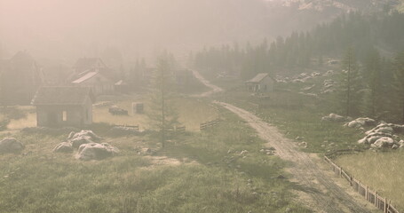 Misty mountain path through abandoned village soft morning haze drapes grassy meadow and stone cottages, winding dirt track bordered by weathered wooden fence,