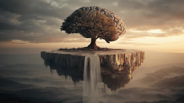 Silhouette man watering tree shaped like brain concept. Brain and mind nurture concept man watering symbolic tree.