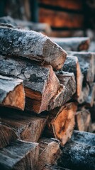 Fototapeta premium Firewood stack photography with frost and winter ambiance