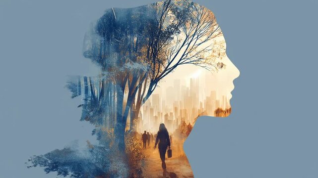 Silhouette man watering tree shaped like brain concept. Conceptual mind growth scene man watering brain tree carefully.