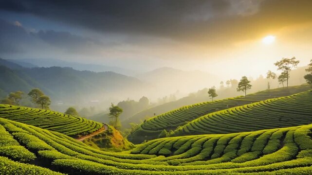 Exploring rolling green tea terraces at sunrise in a misty hillside landscape